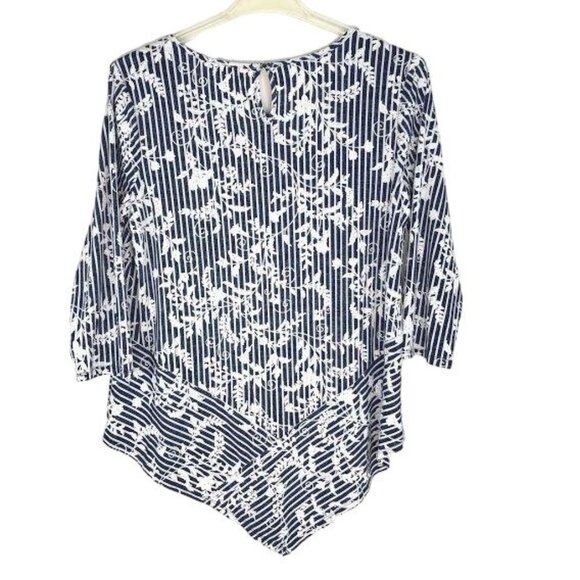 NWT Cato L Blue Tunic Blouse 3/4 Sleeve Floral Vertical Stripe Asymmetrical Hem - Picture 2 of 12